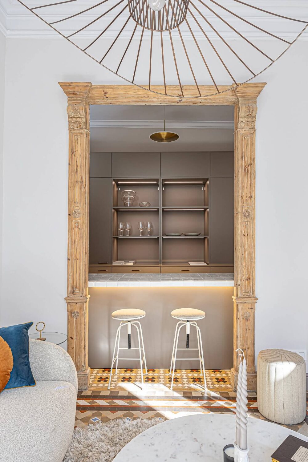 A Renovated Modernist Apartment in Barcelona 4 living room with home bar barcelona apartment