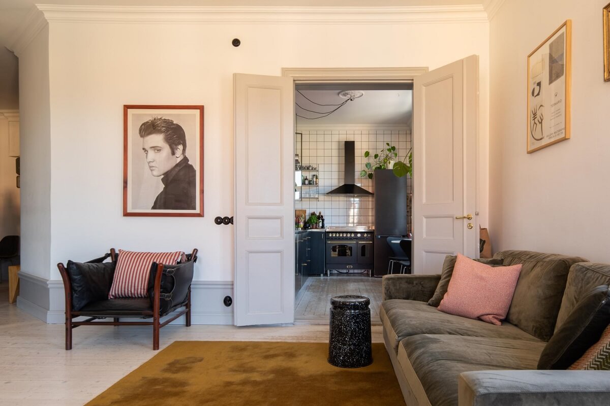 A Corner Apartment with an Industrial Style Kitchen 7 living room with ochre yellow rug
