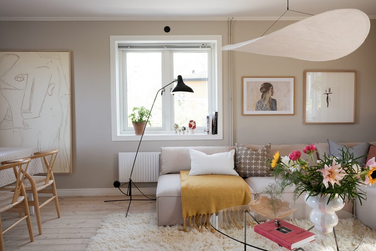 A Pink Swedish House with a Lovely Garden 3 living room with subtle color accents