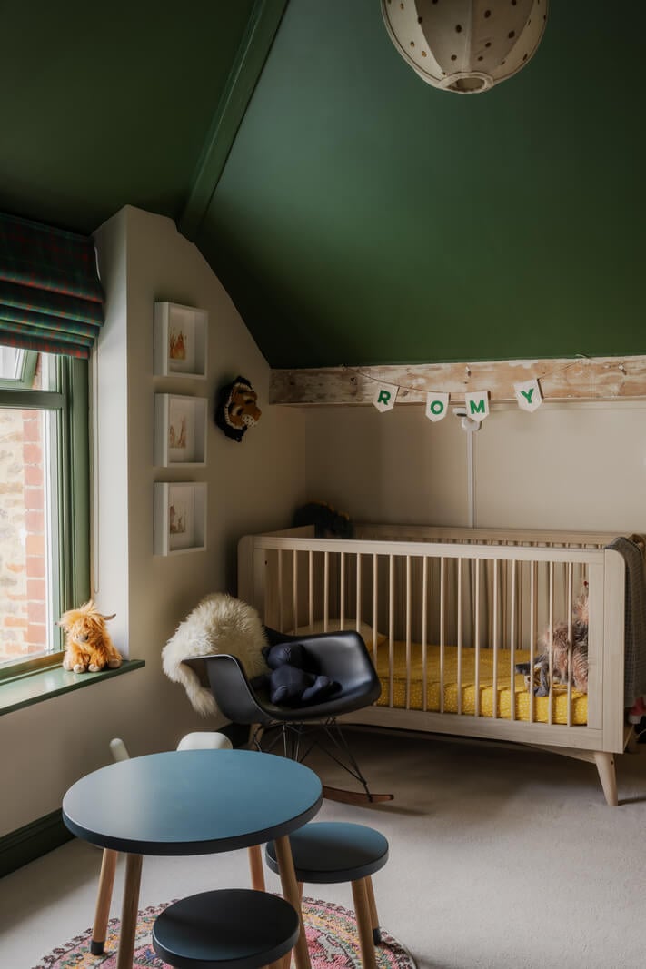 A Rich Color Palette in a Historic English Home 21 nursery with green painted pitched ceiling nordroom