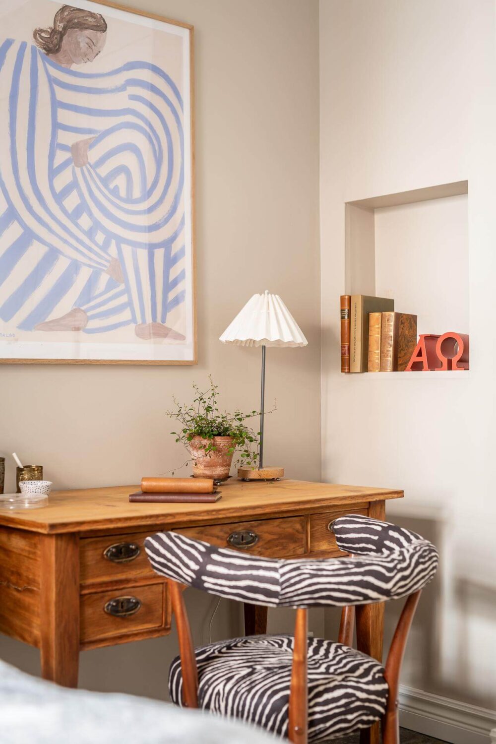 A Turn of the Century Apartment with a Green Kitchen 19 wooden desk and storage niche