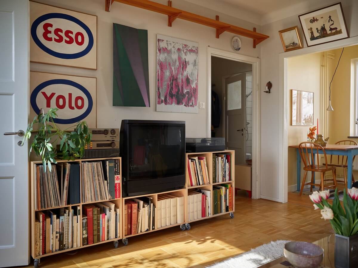 A Swedish Apartment with a Restored Original Kitchen 8 open cabinets living room