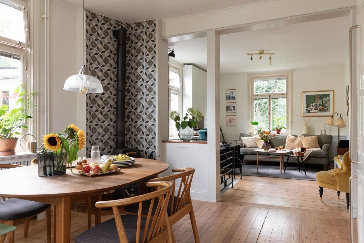 A Swedish Duplex with a Unique Wood and Pastel Colored Kitchen 6 open plan kitchen living room