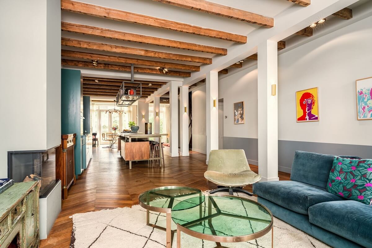 A Colorful Family Home with Open-Plan Spaces in Amsterdam 11 open plan living space exposed beams family home amsterdam