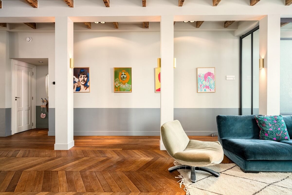 A Colorful Family Home with Open-Plan Spaces in Amsterdam 8 open plan living space with chevron floor