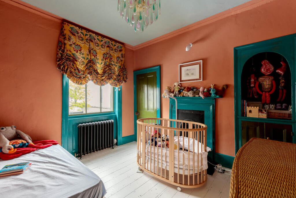 Unique Color Combinations and Design in a London Townhouse 19 pink and teal green bedroom