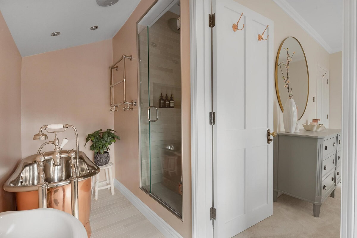 A Victorian House with a Blue deVOL Kitchen 15 pink bathroom with copper bath