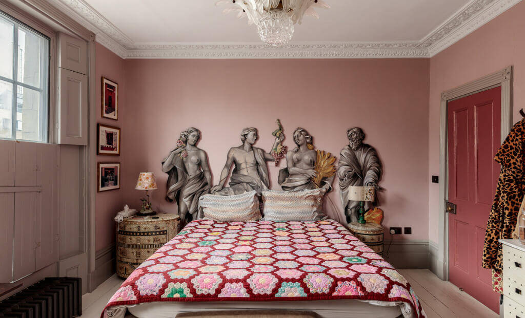 Unique Color Combinations and Design in a London Townhouse 17 pink bedroom