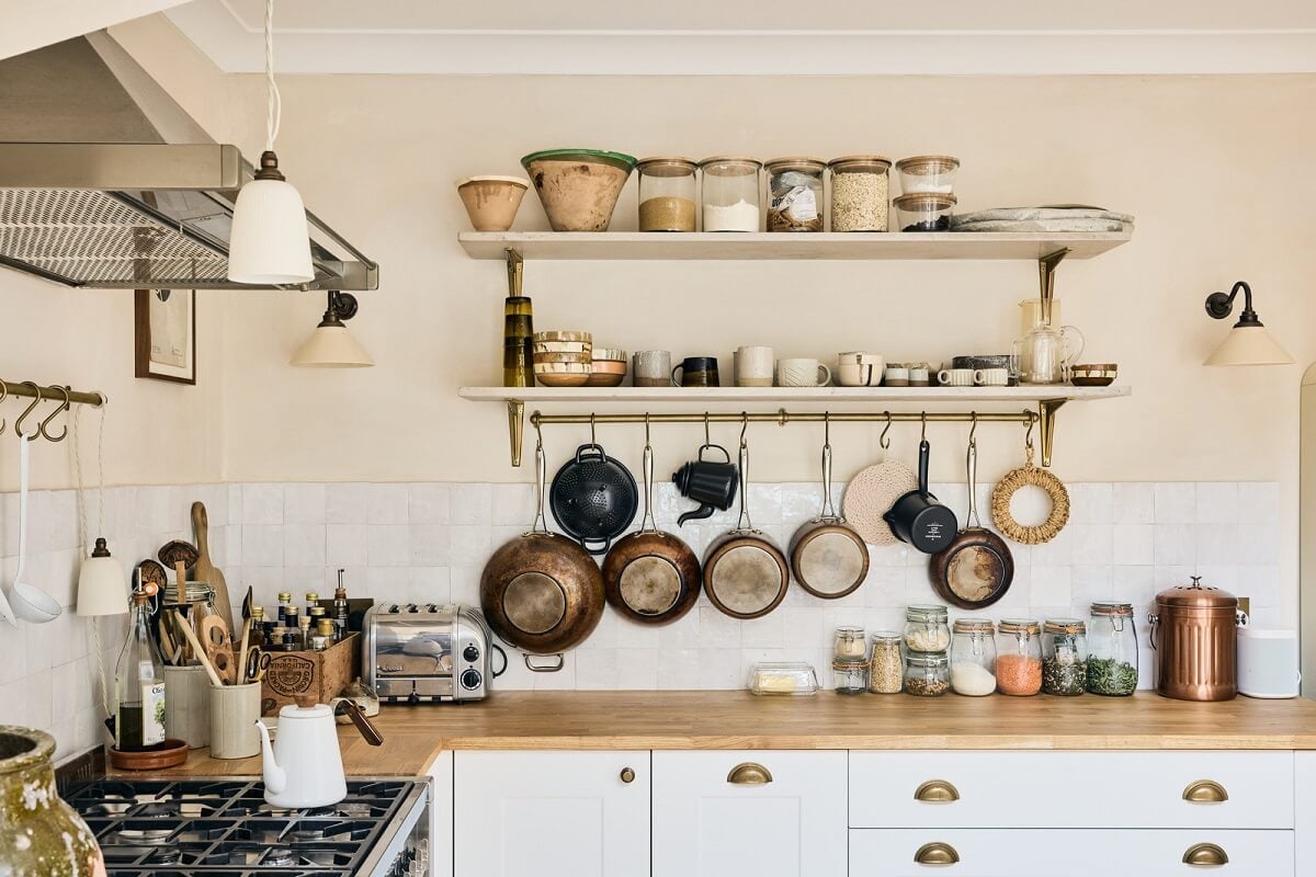 A Light Garden Apartment in London's Poet's Corner 11 shelves and white cabinets in cottage style kitchen
