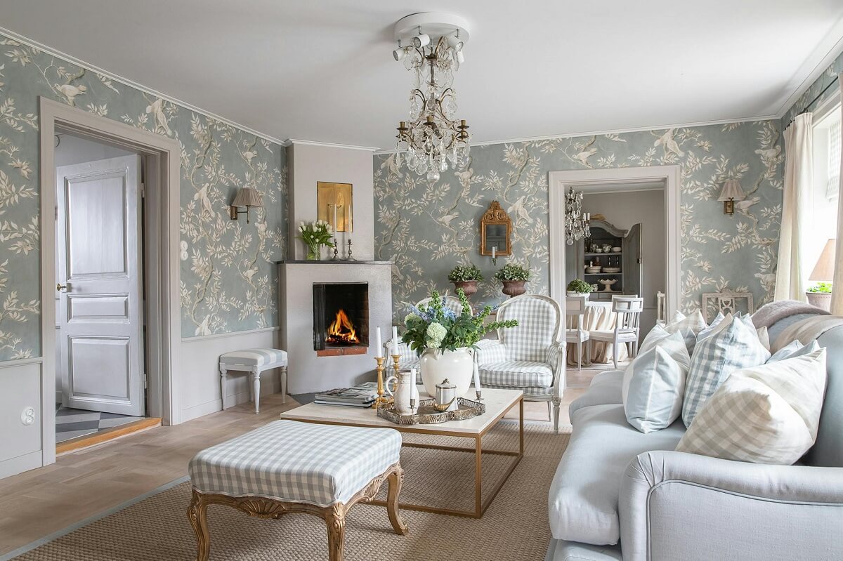 A Classic and Luxurious Lakeside Home in Sweden 8 sitting room with wallpaper luxurious summer house sweden nordroom