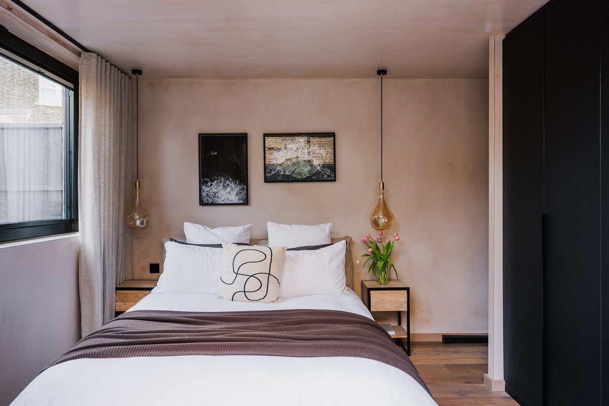 Warm Color Tones in a London Apartment with a Garden 10 small bedroom with built in wardrobes