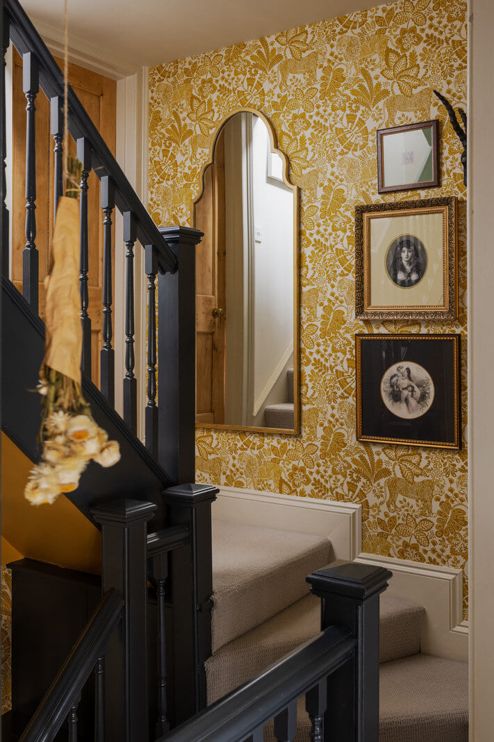 A Rich Color Palette in a Historic English Home 15 staircase golden yellow wallpaper nordroom