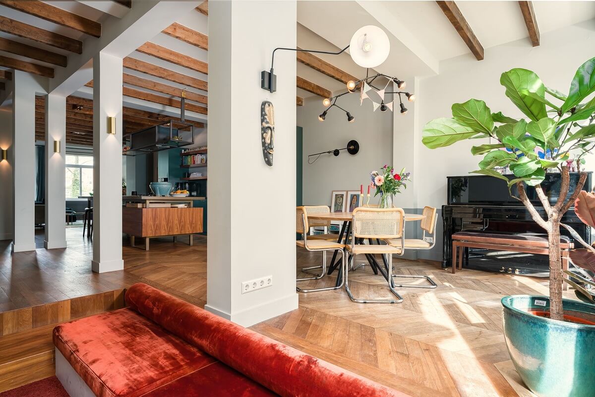A Colorful Family Home with Open-Plan Spaces in Amsterdam 4 sunken sitting room in open plan living space