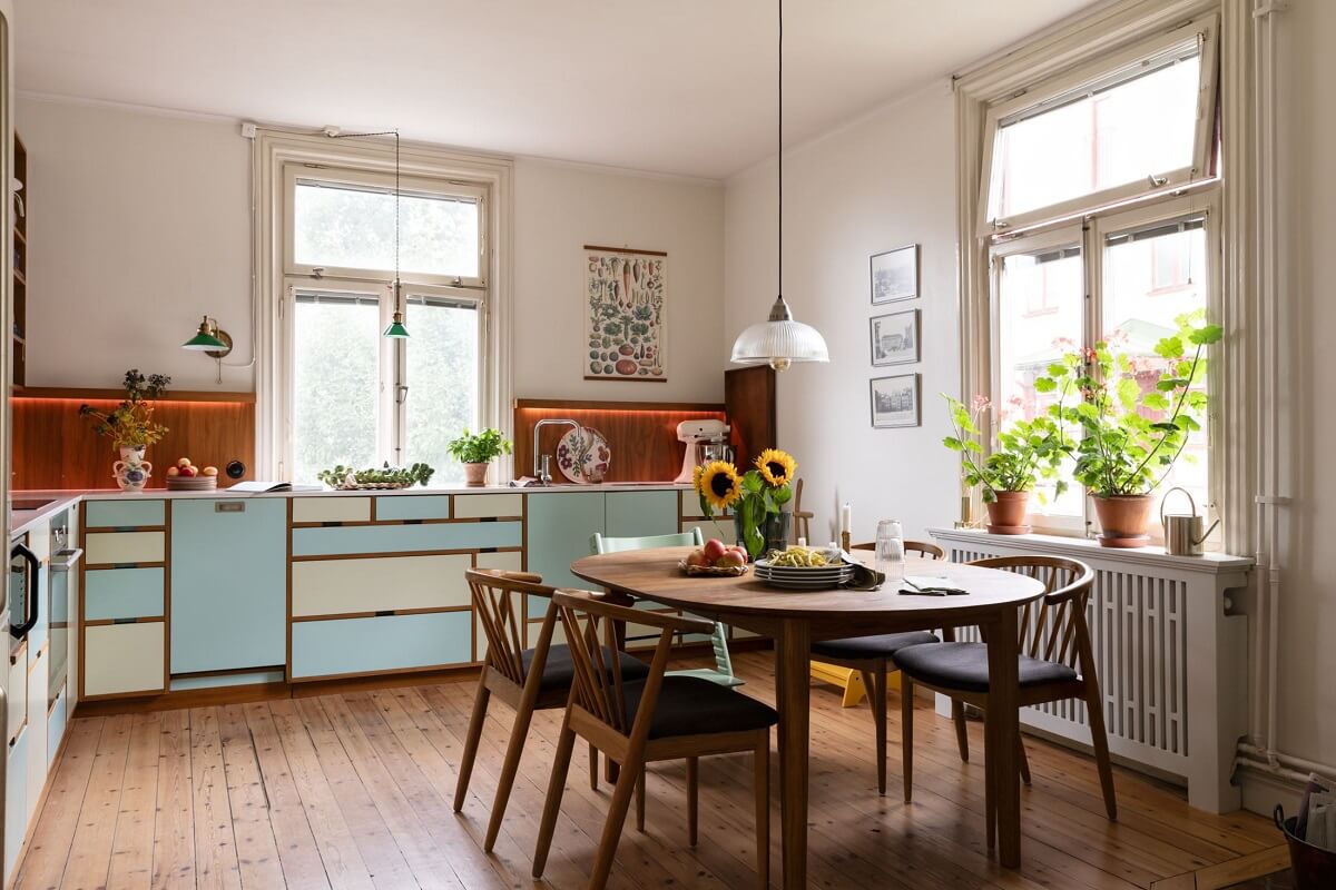 A Swedish Duplex with a Unique Wood and Pastel Colored Kitchen 1 unique kitchen with pastel cabinets