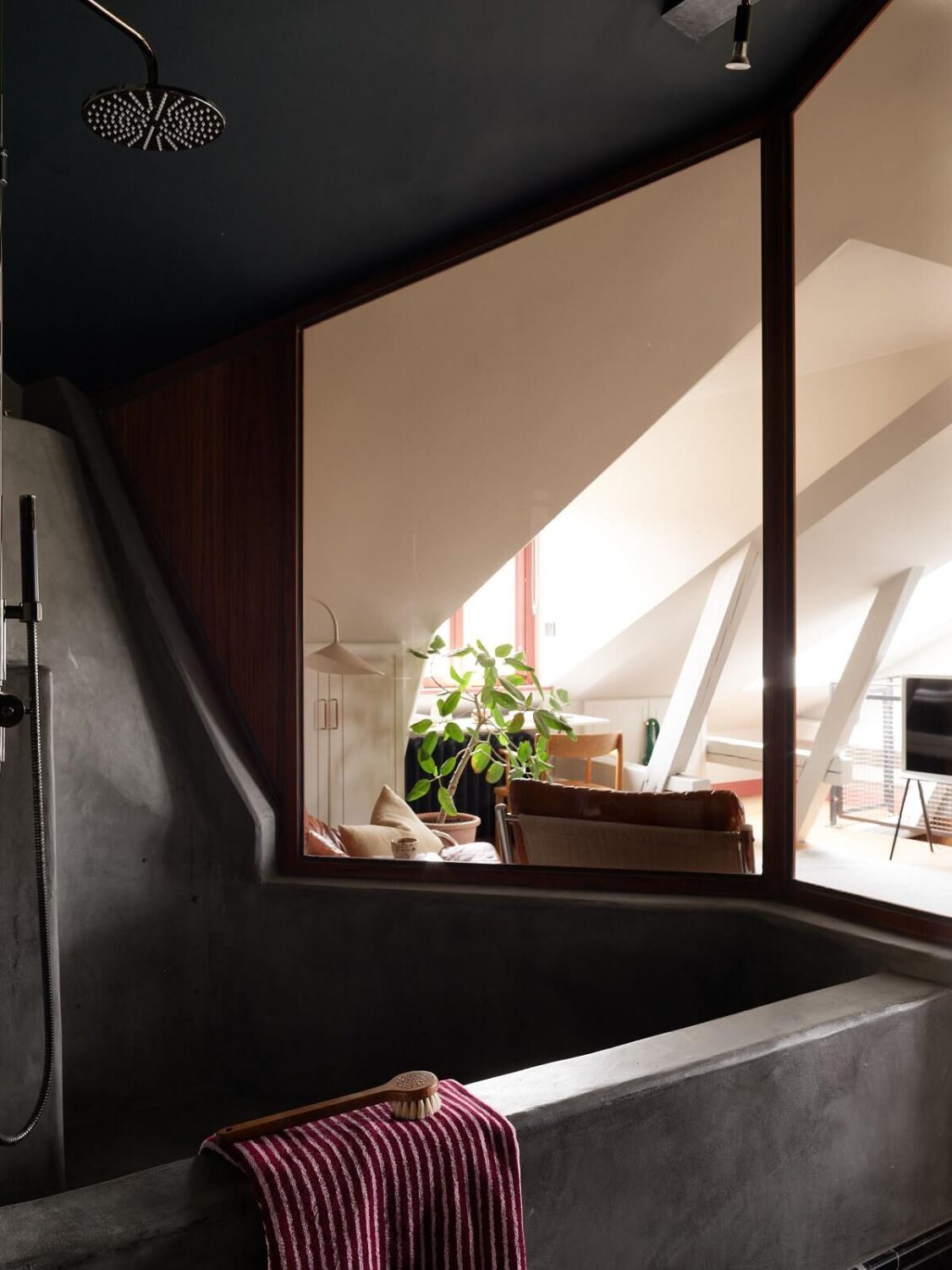 A Stunning Bathroom in a Duplex Apartment in Stockholm 26 view into bedroom from bathroom