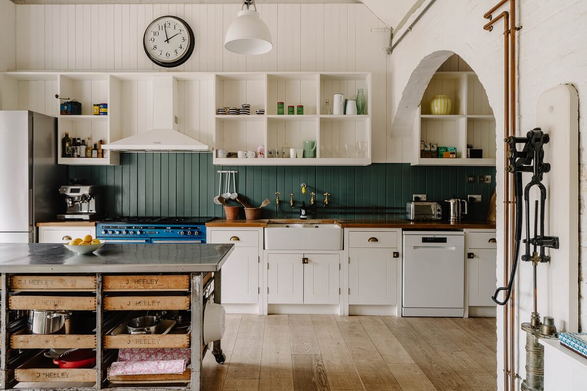 An 18th-Century Historic House with an Amazing Kitchen 3 white kitchen cabients and green backsplash