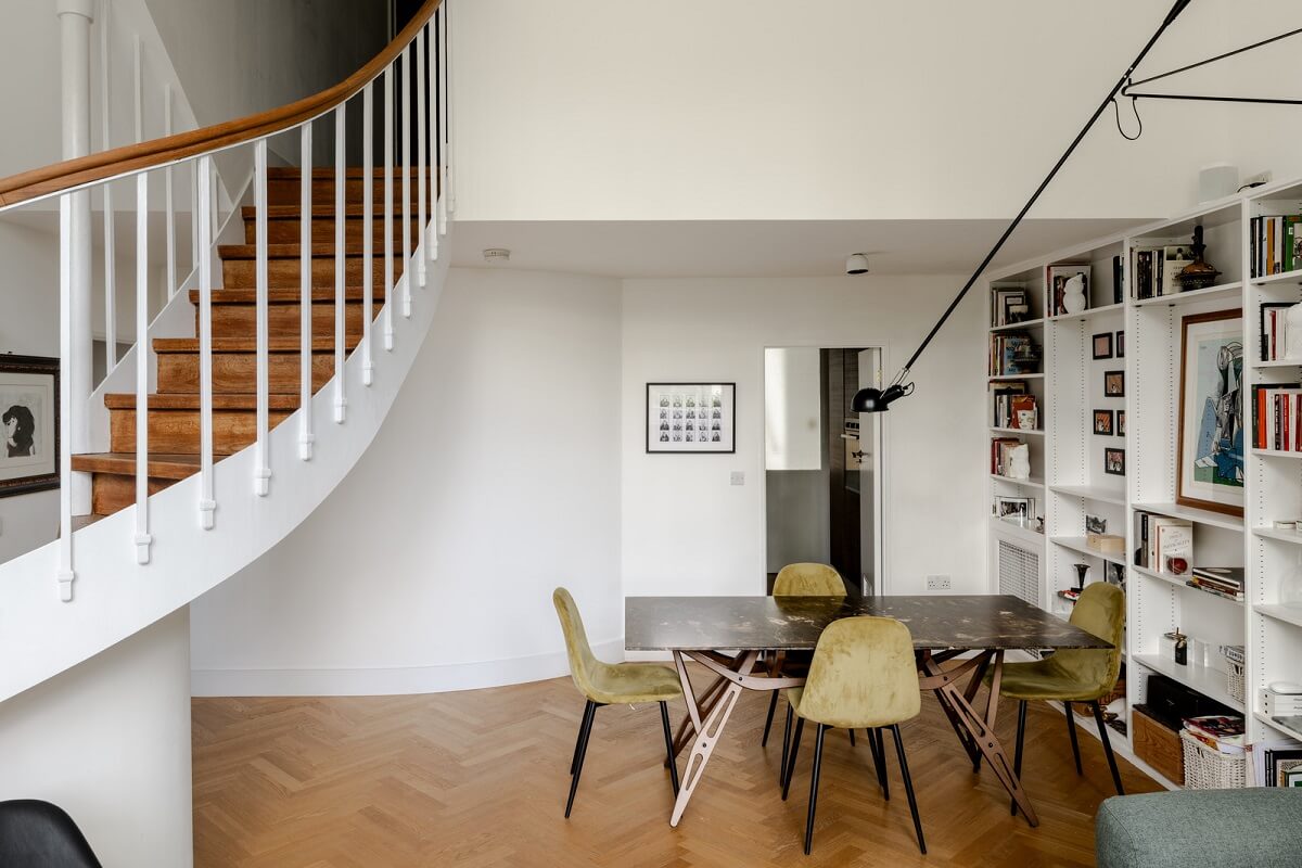 High Ceilings in a Light London Apartment 7 white living room with spiral staircase