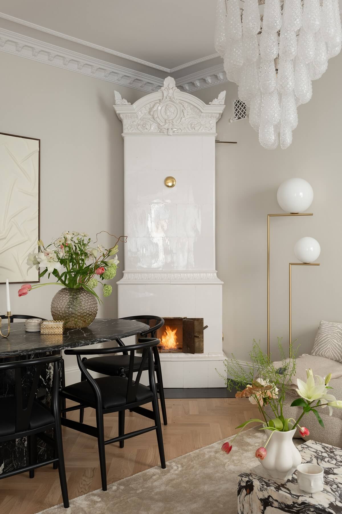 white tiled fireplace in living room