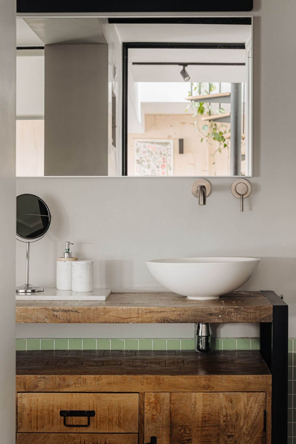 A Modern Loft-Style School Conversion in Amsterdam 24 wooden bathroom vanity