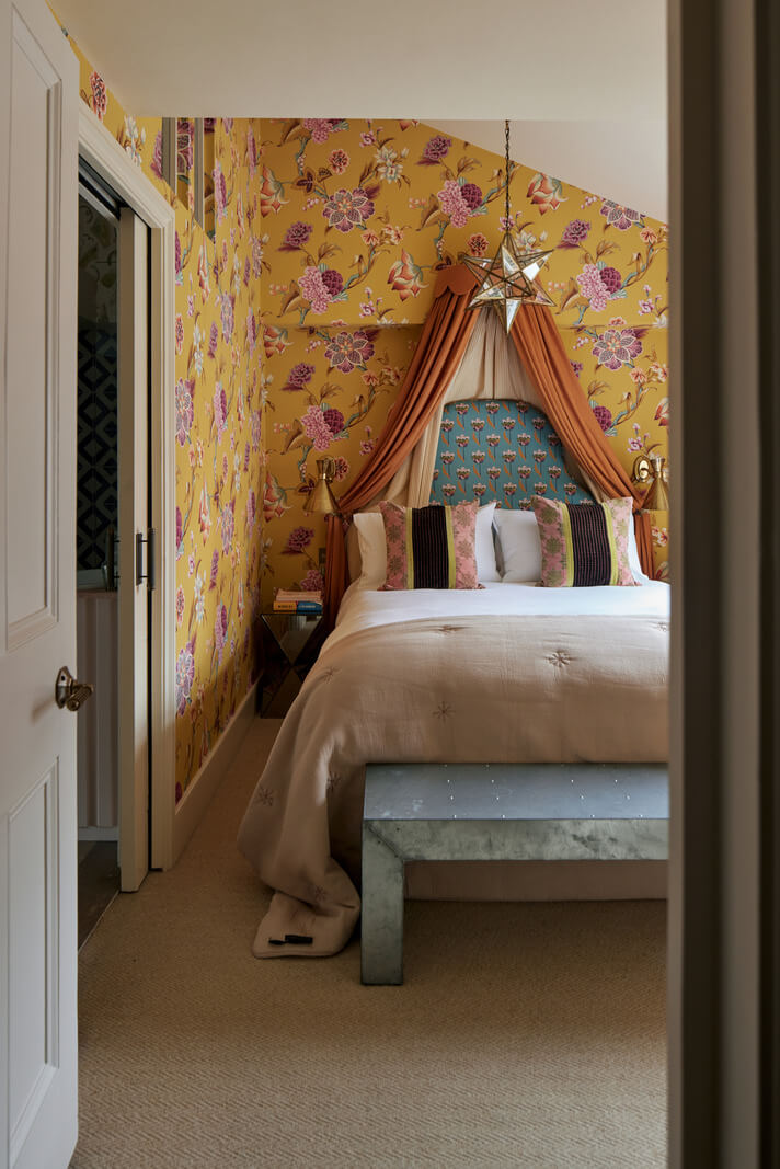 Limewash Paint and Artisan Wallpaper in a London Townhouse 35 attic bedroom yellow floral wallpaper nordroom