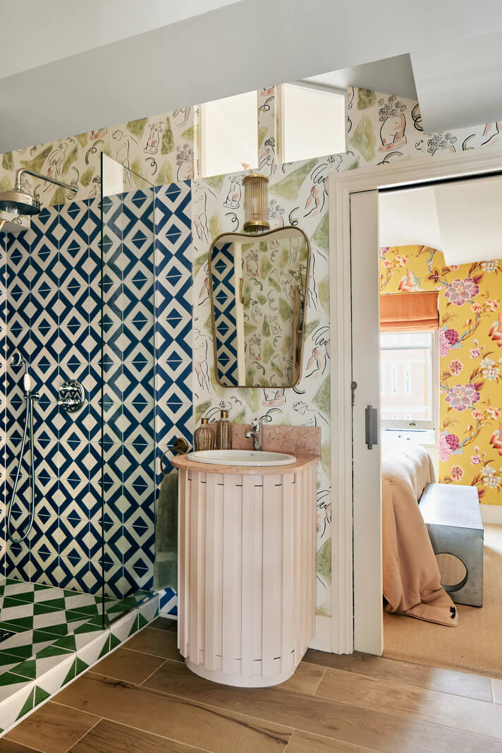 Limewash Paint and Artisan Wallpaper in a London Townhouse 43 bathroom tile combination in green blue and pink nordroom