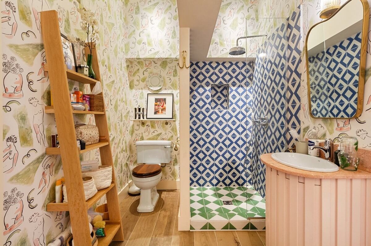 50 Bathroom Wallpaper Ideas Adding Color, Style, and Expression 15 bathroom with geometric shower tiles nordroom