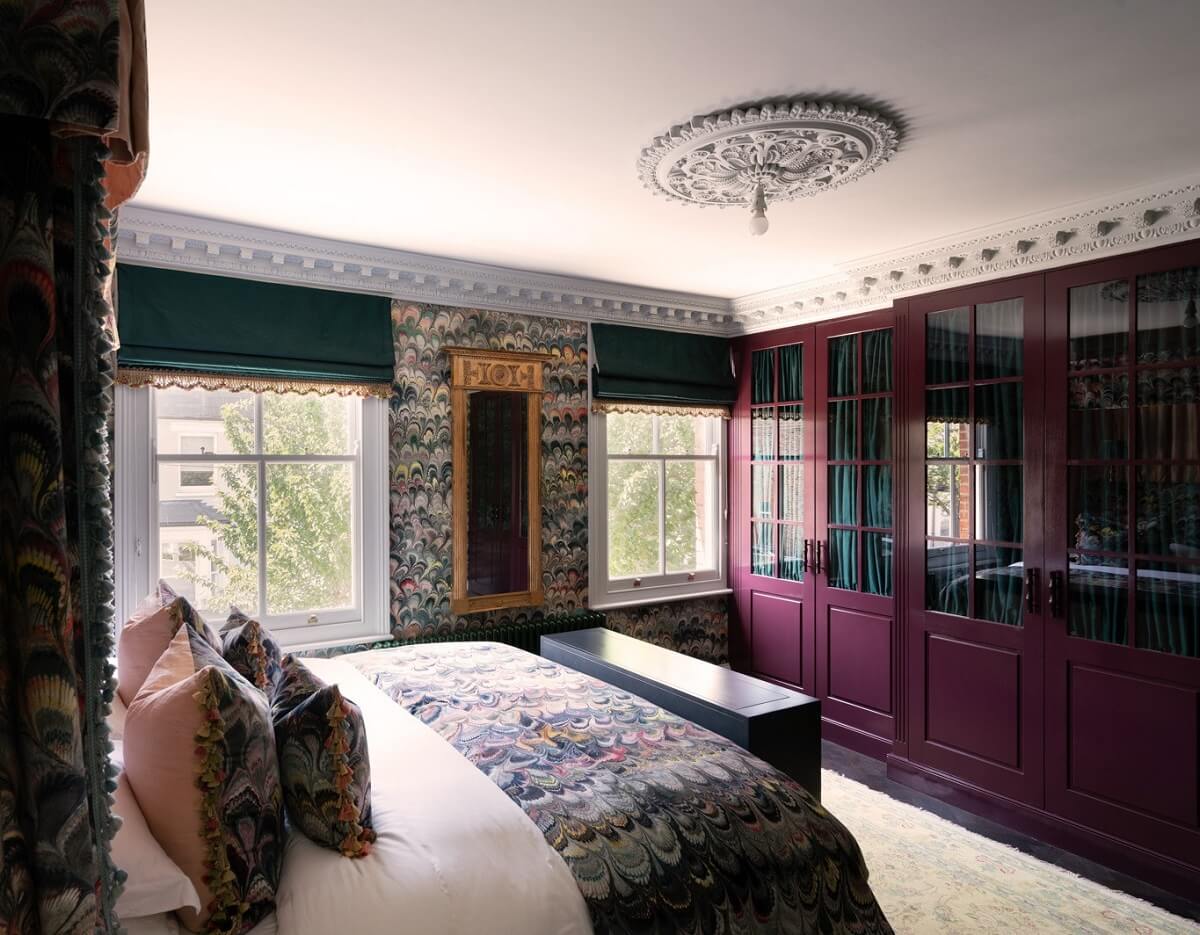 Rich Colors and Patterns in a London Townhouse 14 bedroom beata heuman wallpaper and purple wardrobes nordroom
