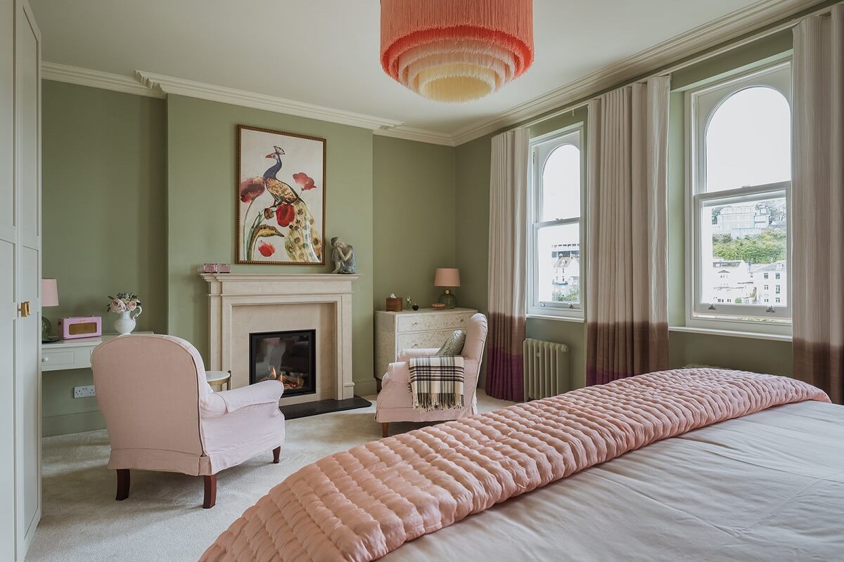 Colorful Interiors and Wallpapers in a Victorian House 12 bedroom seating with fireplace