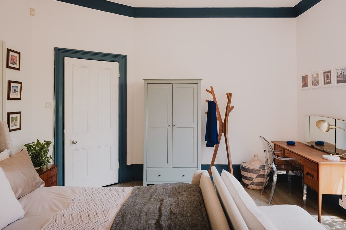 A Deep Blue Color Palette in a London Apartment 15 bedroom with desk and blue painted woodwork A Deep Blue Color Palette in a London Apartment