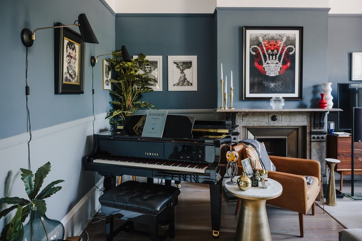 A Deep Blue Color Palette in a London Apartment 2 blue living room with piano
