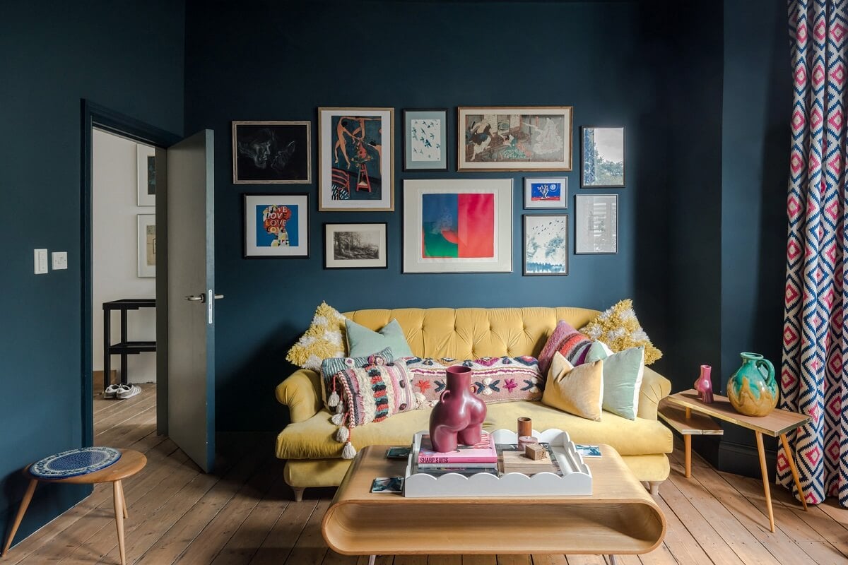 A London Home with an Oak-Framed Glazed Extension 3 blue living room yellow sofa