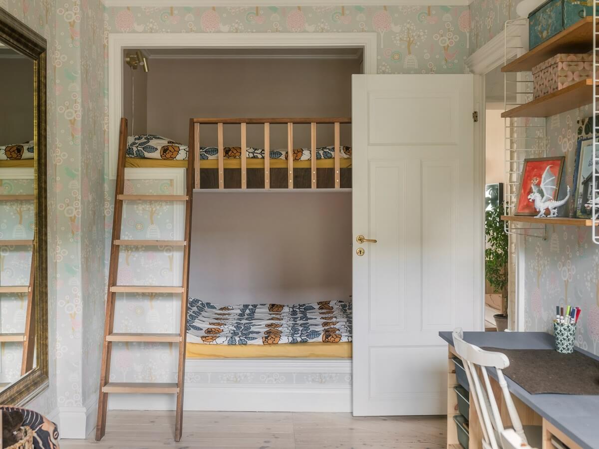 A Light Atmosphere and Wallpapers in a Swedish Apartment 19 childrens bedroom built in bunk beds nordroom