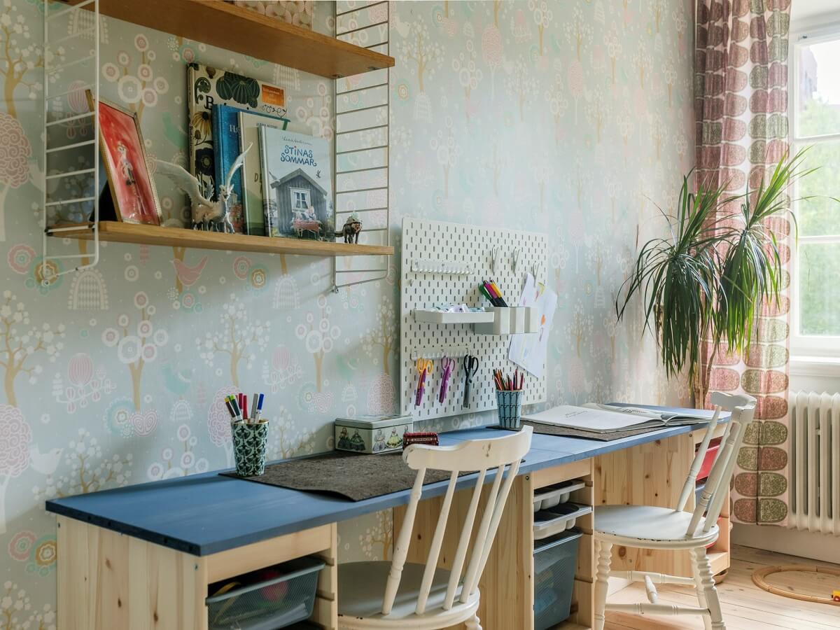 A Light Atmosphere and Wallpapers in a Swedish Apartment 20 childrens bedroom double desk wallpaper nordroom