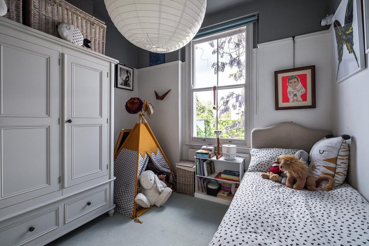 Moody Gray Tones and Period Details in a Victorian Townhouse 15 childrens bedroom two tone gray walls