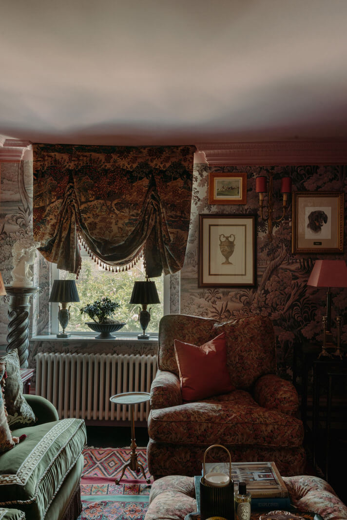 Rich Colors and Patterns in a London Townhouse 12 cozy sitting room with wallpaper