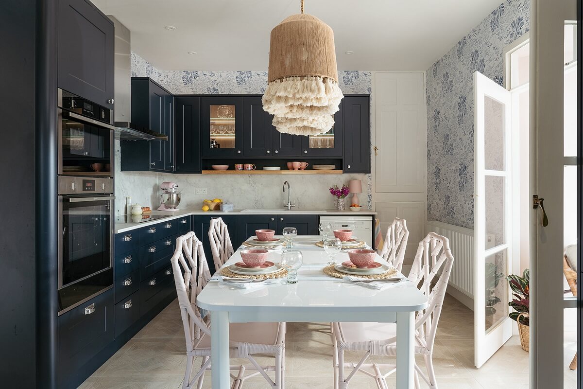 Colorful Interiors and Wallpapers in a Victorian House 6 dark blue kitchen cupboards