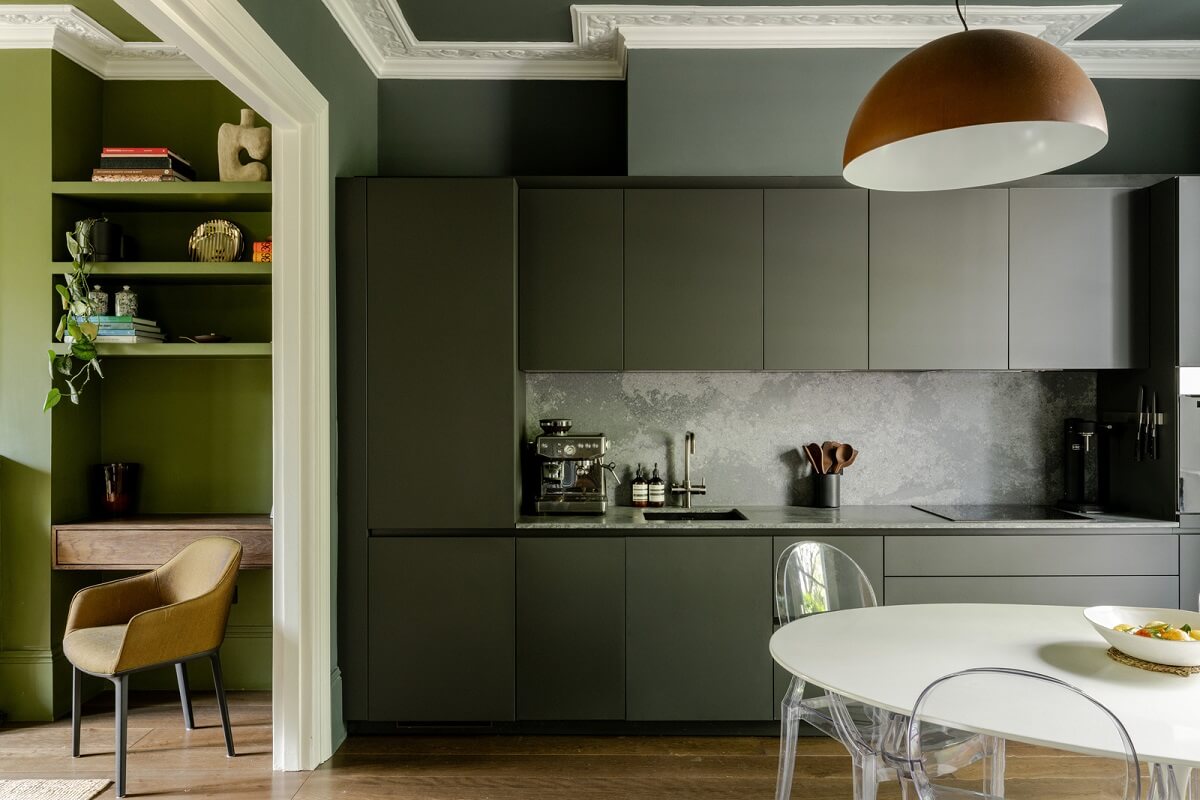 A Green Living Room in a London Maisonette 7 dark gray kitchen cabinets