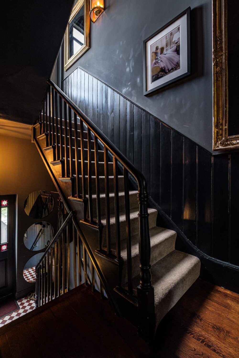 Moody Gray Tones and Period Details in a Victorian Townhouse 13 dark gray stairwell