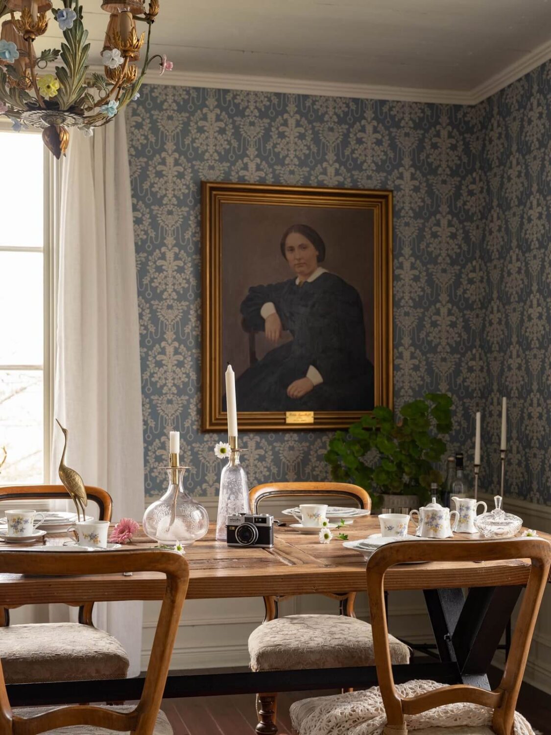 Original Character and Grand Rooms in a Swedish Country House 7 dining room blue wallpaper