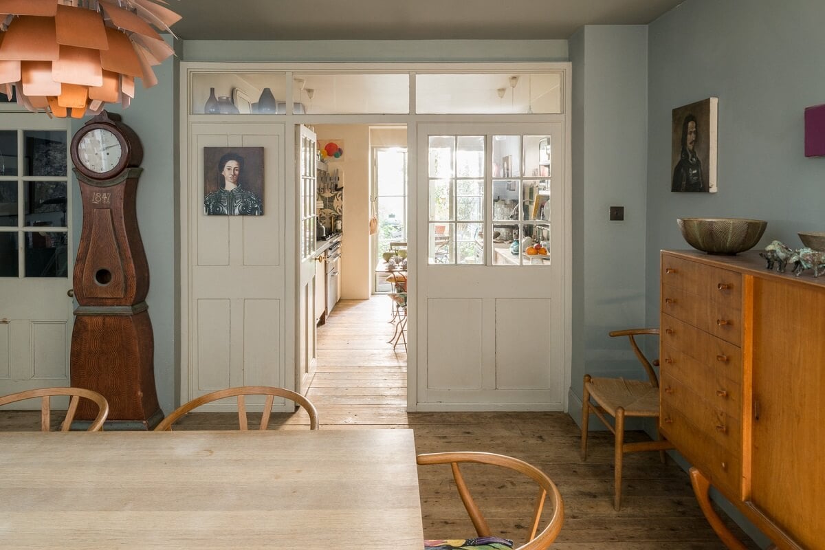 Heritage Colors and Original Details in a London Townhouse 13 dining room with glass doors to kitchen