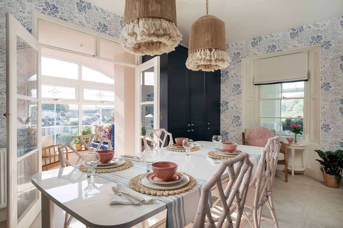 Colorful Interiors and Wallpapers in a Victorian House 8 dining table and conservatory