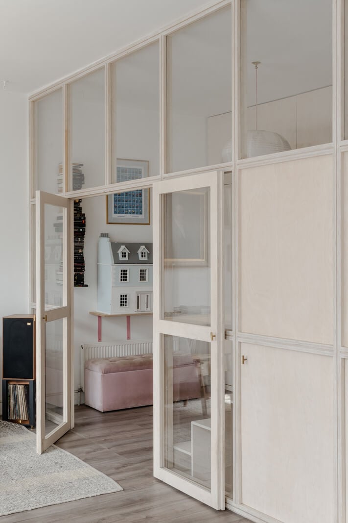 A Modern Scandinavian-Style Apartment in a Former London Mill 6 glass wall in small london apartment