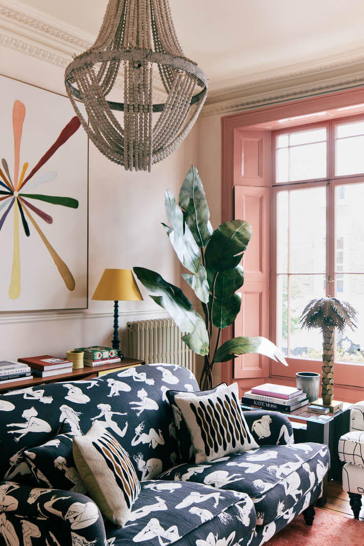 Limewash Paint and Artisan Wallpaper in a London Townhouse 7 graphic sofa pink shutters