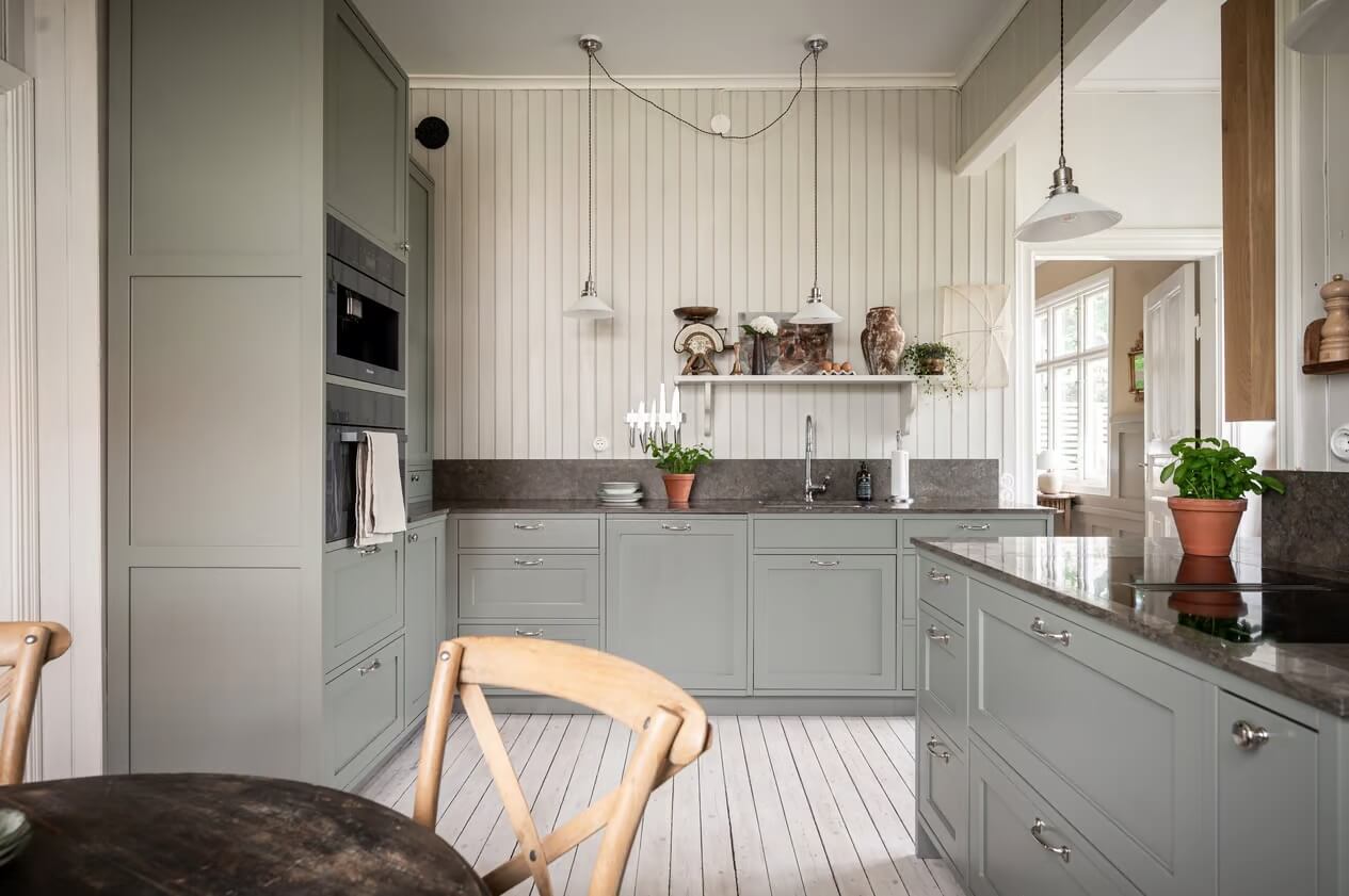 Original Charm in a Light Green Swedish Country House 9 gray kitchen