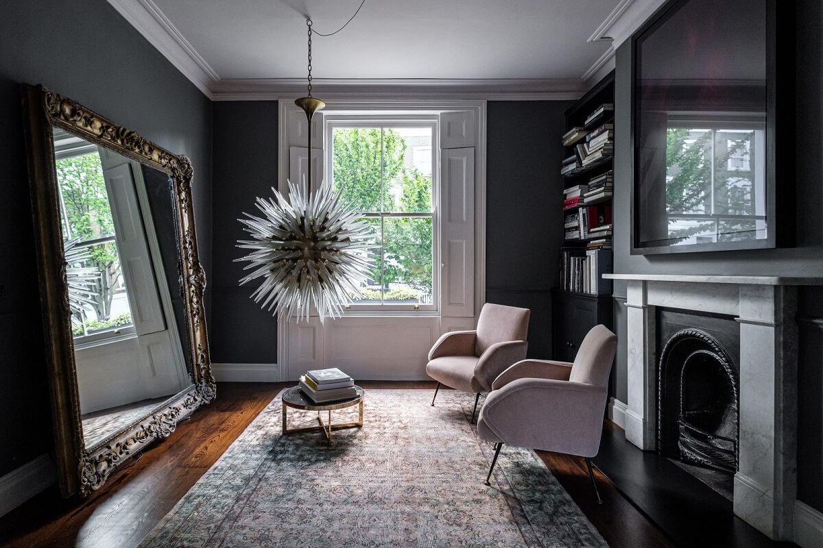Moody Gray Tones and Period Details in a Victorian Townhouse 6 gray living room large mirror