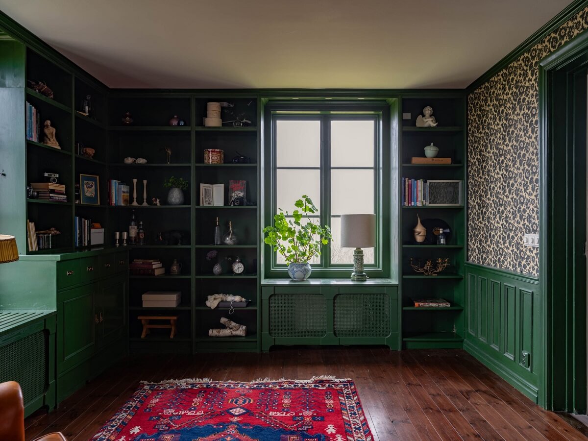 Original Character and Grand Rooms in a Swedish Country House 3 green painted library room wallpaper