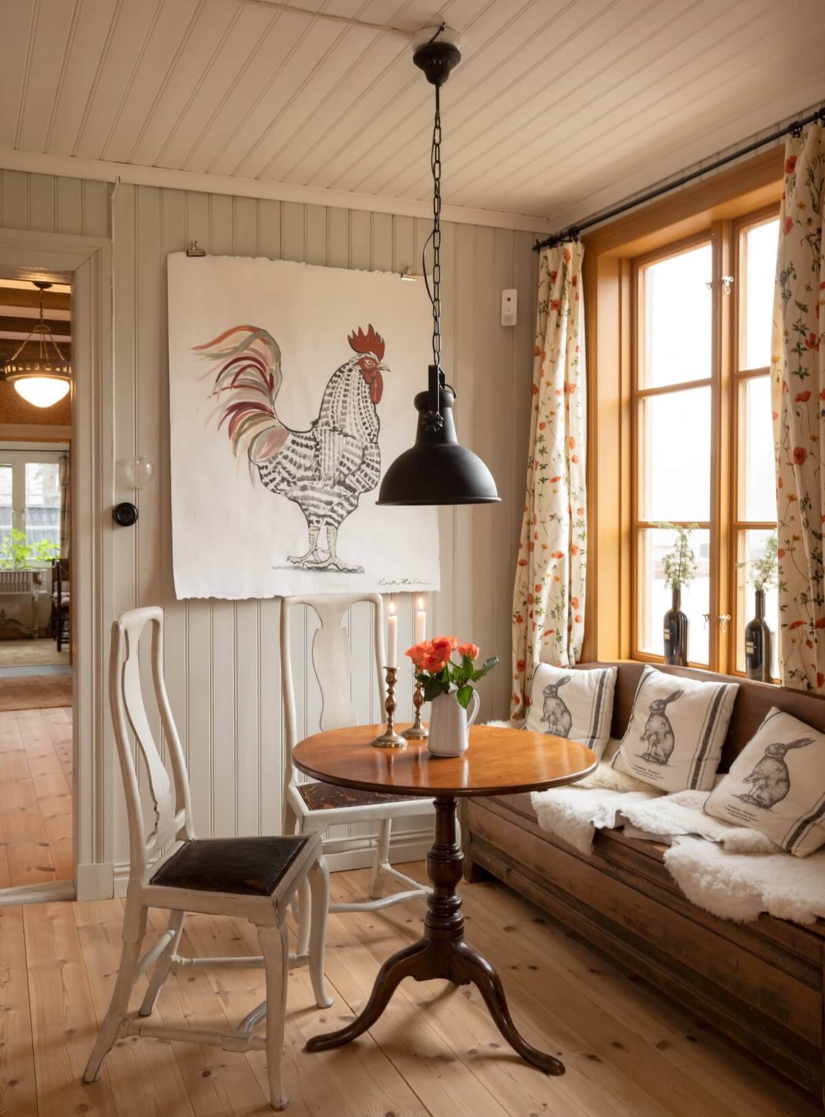 historic swedish dining area with wooden bench