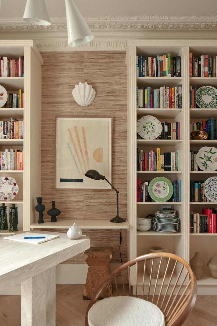 Limewash Paint and Artisan Wallpaper in a London Townhouse 17 home office built in bookshelves wallpaper nordroom