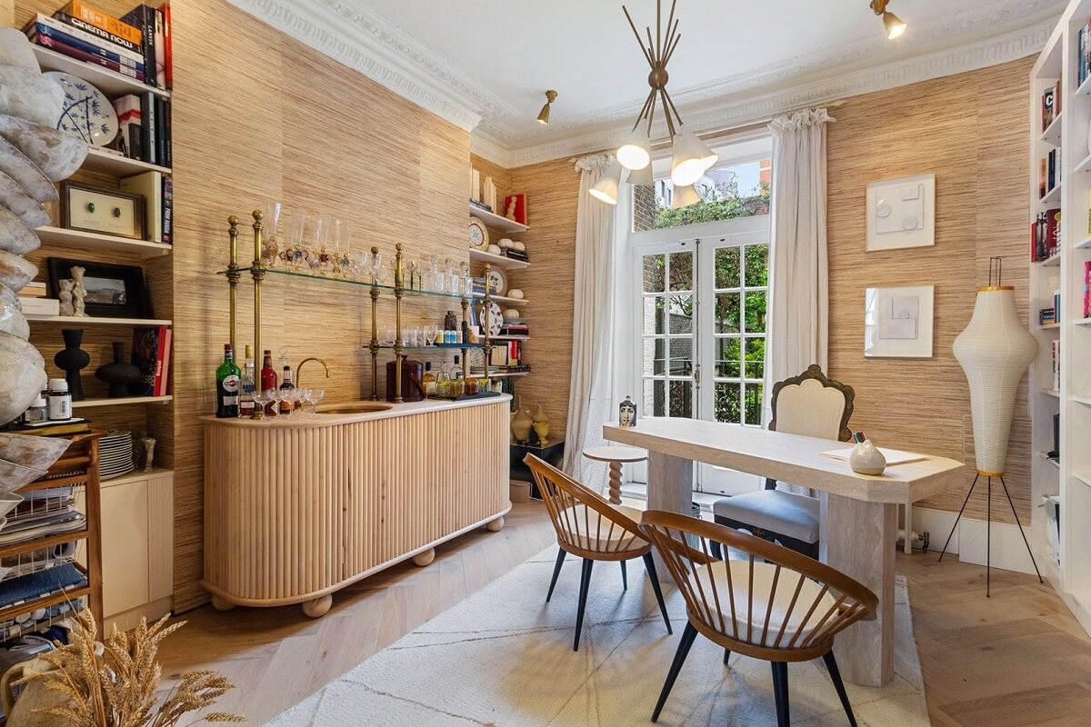 Limewash Paint and Artisan Wallpaper in a London Townhouse 15 home office with bar