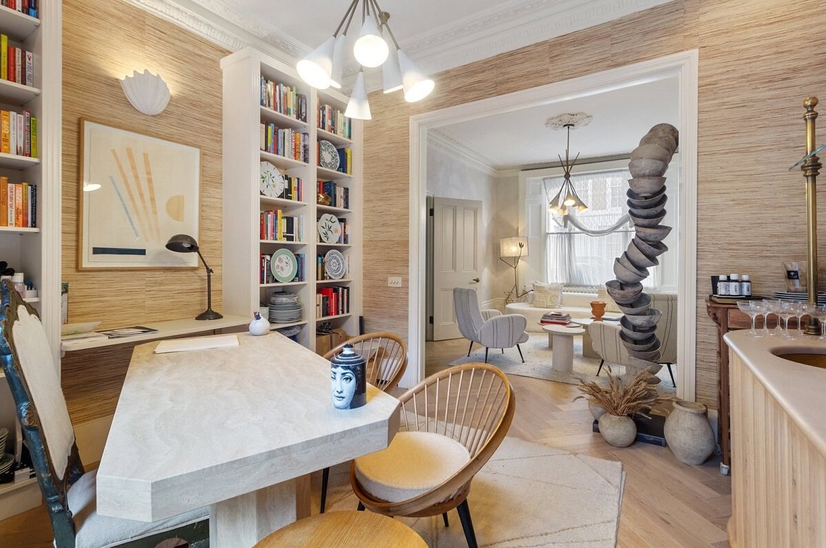 Limewash Paint and Artisan Wallpaper in a London Townhouse 16 home office with bookcases wallpaper and art